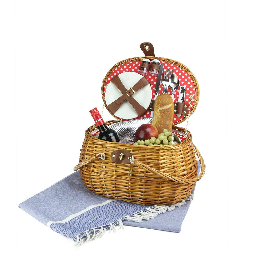 2-Person Hand Woven Honey Willow Polka Dotted Picnic Basket Set with Accessories