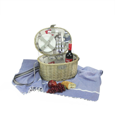 2-Person Hand Woven Warm Gray and Natural Paris Willow Picnic Basket Set with Accessories