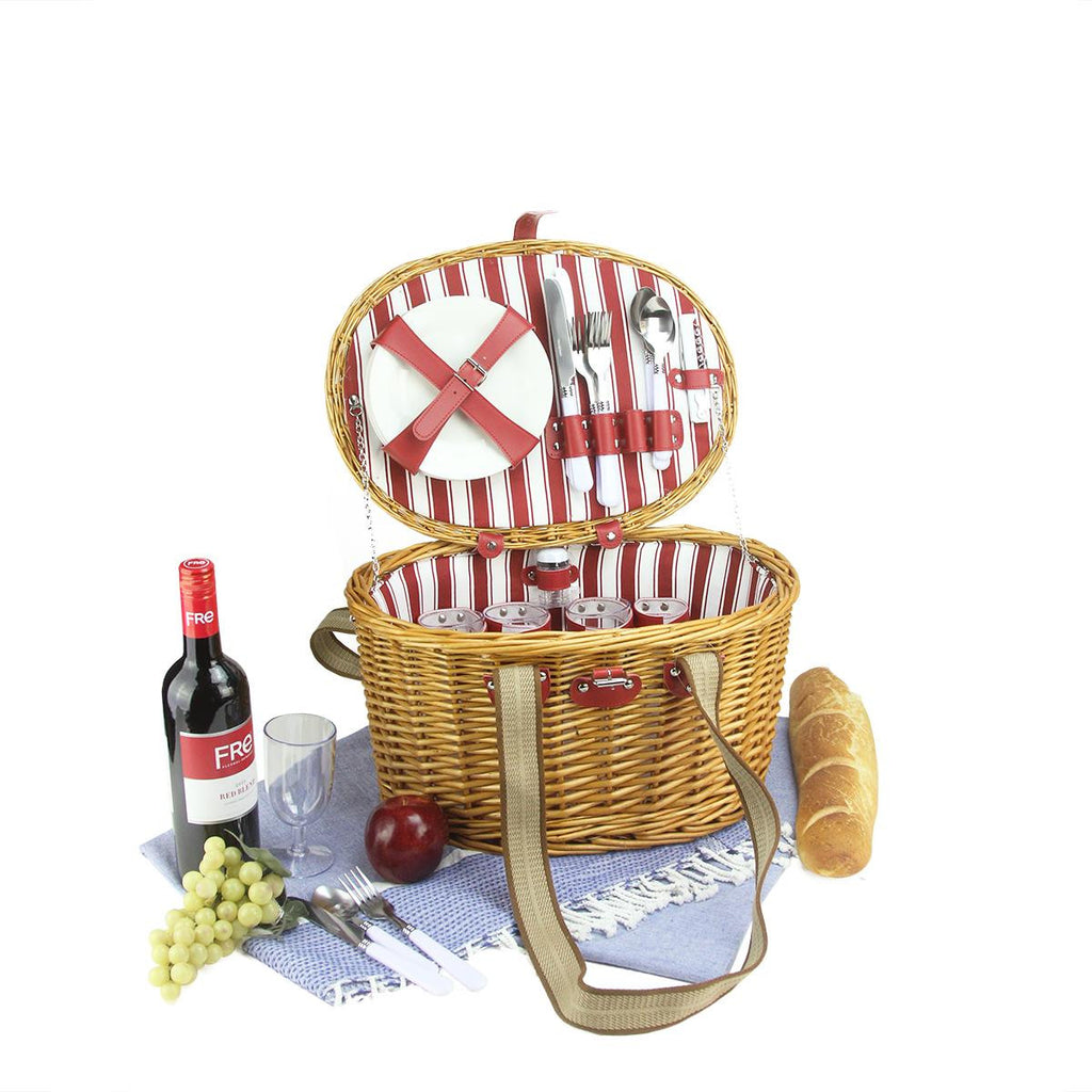 4-Person Hand Woven Honey Willow Striped Picnic Basket Set with Accessories