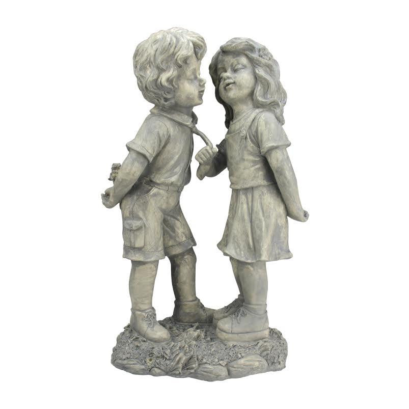 18.5" Weathered Gray Stone Boy & Girl First Kiss Outdoor Patio Garden Statue