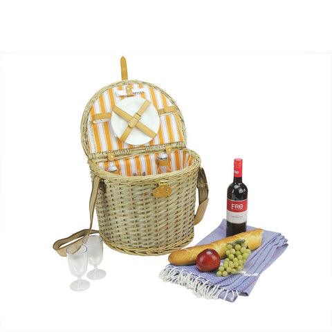 2-Person Hand Woven Warm Gray and Natural Striped Willow Picnic Basket Set with Accessories