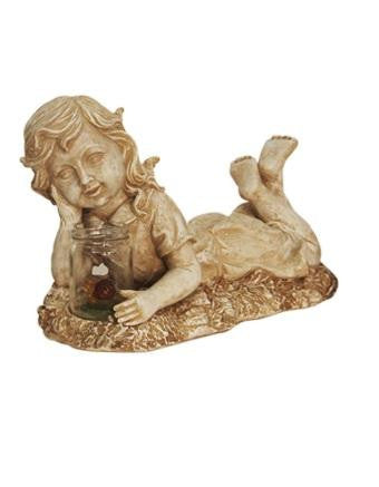 14" Distressed Almond Brown Lounging Girl Solar Powered LED Lighted Outdoor Patio Garden Statue