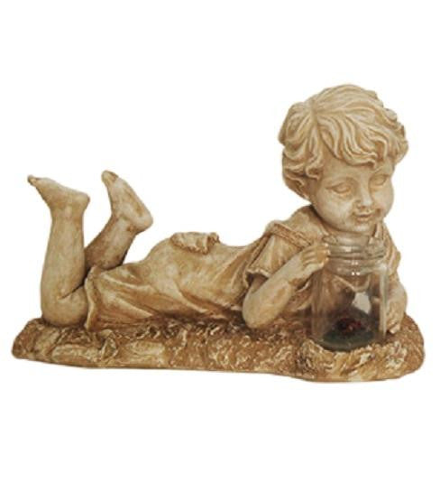 14" Distressed Almond Brown Lounging Boy Solar Powered LED Lighted Outdoor Patio Garden Statue