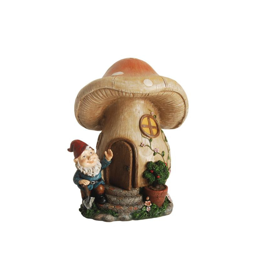 12" Forest Gnome with Mushroom House Outdoor Patio Garden Statue