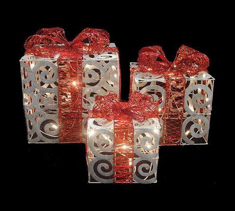 Set of 3 Sparkling White Swirl Gift Boxes Lighted Christmas Yard Art Decorations