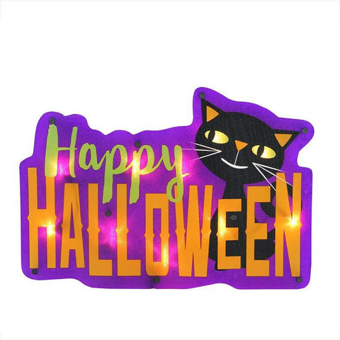 16.5" Lighted "Happy Halloween" Sign with Black Cat Window Silhouette Decoration