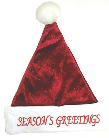 17" Red Glitter Plush Santa Hat "Season's Greetings" - Size Medium