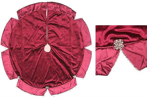 48" Burgundy Christmas Tree Skirt With Brooch Rhinestone Accents