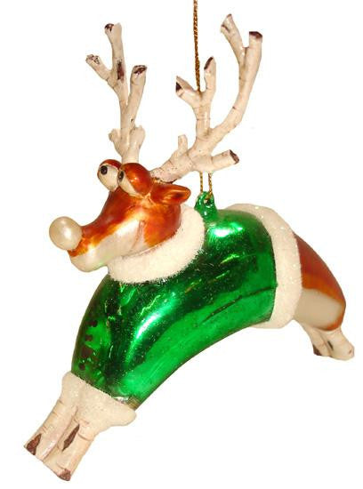 Whimsical Reindeer In Green Santa Coat Glass Christmas Ornament