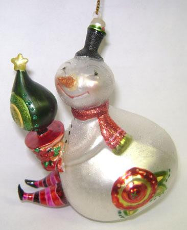 Shiny Glitter Snowman With Tree Glass Christmas Ornament