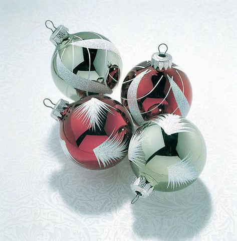 Set of 4 Burgundy & Sage Stripe Design Shatterproof Christmas Ornaments 2.5"