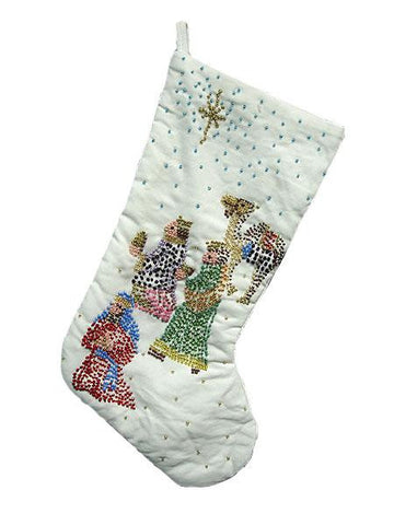 16" White Velvet Beaded 3 Wise Men and Star of Bethlehem Christmas Stocking