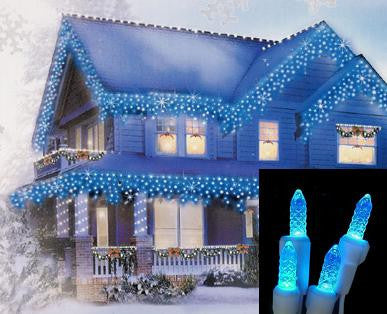 Set of 70 Blue LED M5 Icicle Christmas Lights 3.5" Spacing - White Wire