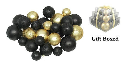 Pack of 27 Shatterproof Black & Gold Christmas Ball Ornaments - Gift Boxed