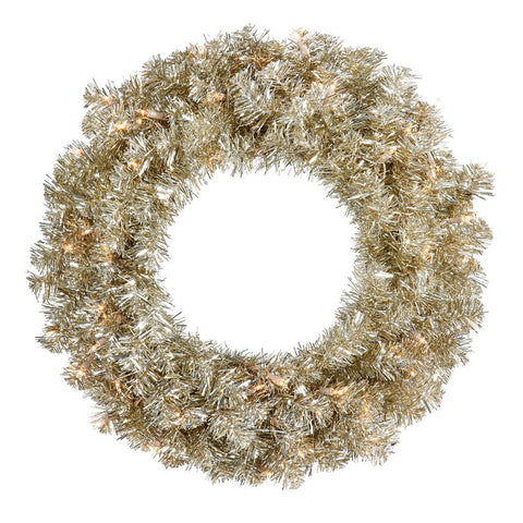 30" Pre-Lit Sparkling Champagne Gold Tinsel Artificial Christmas Wreath - Clear Lights