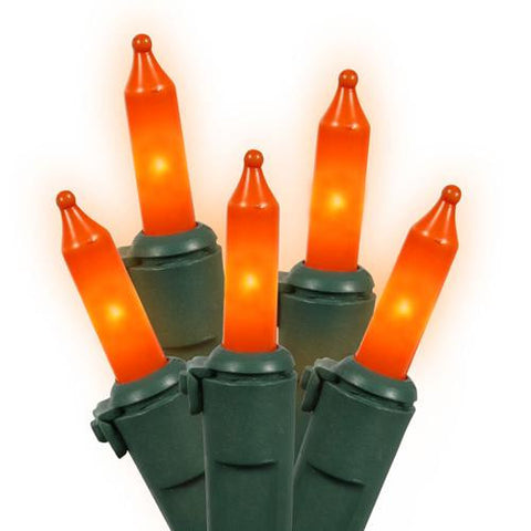 Set of 100 Opaque Orange Mini Christmas Lights 4" Bulb Spacing - Green Wire