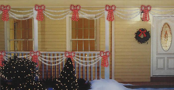 Set of Swag Style Christmas Lights with Red Shimmering Bow - White Wire