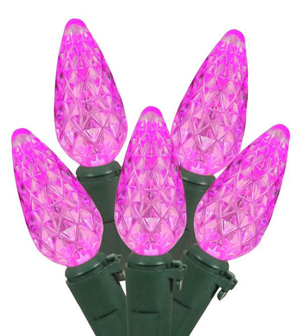 Set of 70 Pink LED C6 Faceted Christmas Lights 6" Bulb Spacing - Green Wire