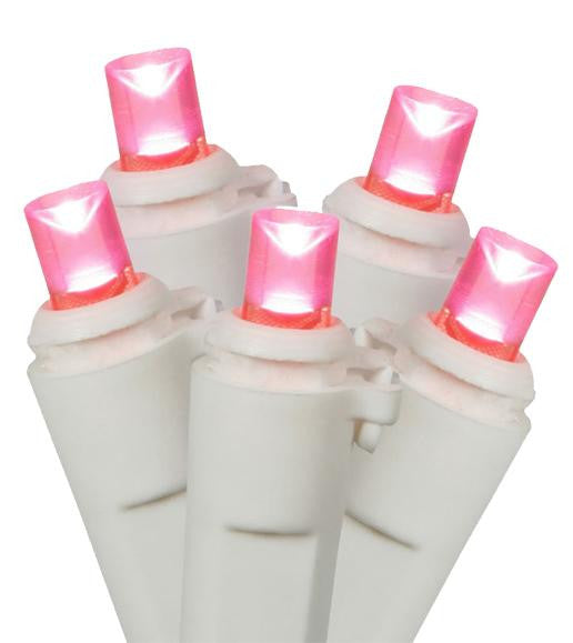 Set of 100 Pink LED Wide Angle Christmas Lights - White Wire