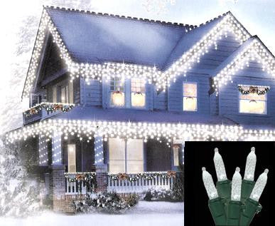 Set of 70 Pure White LED M5 Mini Icicle Christmas Lights - Green Wire