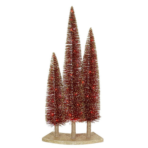 Pre-Lit LED Red Glitter Artificial Mini Village Christmas Tree Trio Set