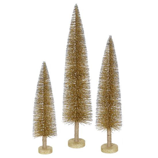 Set of 3 Metallic Gold Glitter Artificial Mini Village Christmas Trees - Unlit